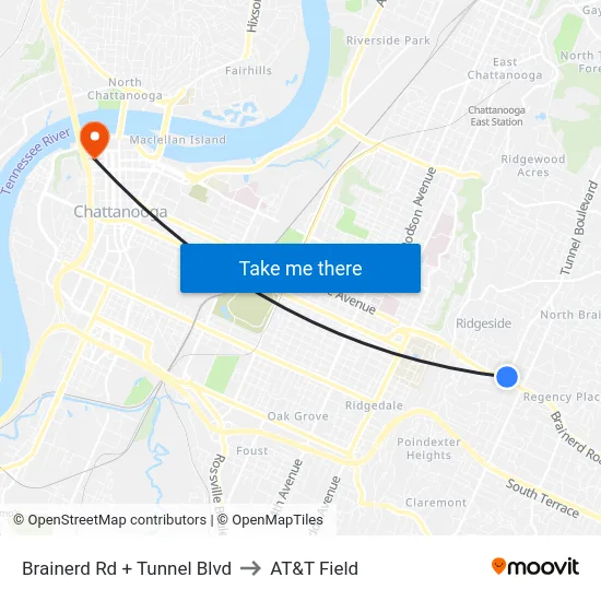 Brainerd Rd + Tunnel Blvd to AT&T Field map