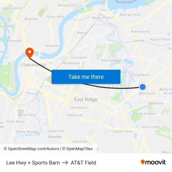 Lee Hwy + Sports Barn to AT&T Field map