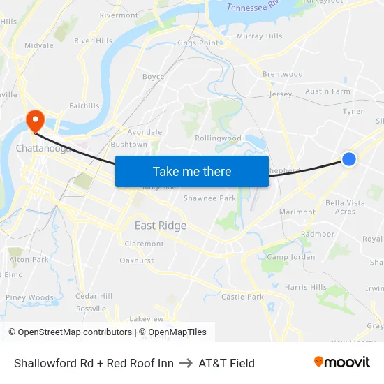 Shallowford Rd + Red Roof Inn to AT&T Field map