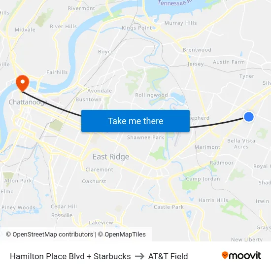 Hamilton Place Blvd + Starbucks to AT&T Field map