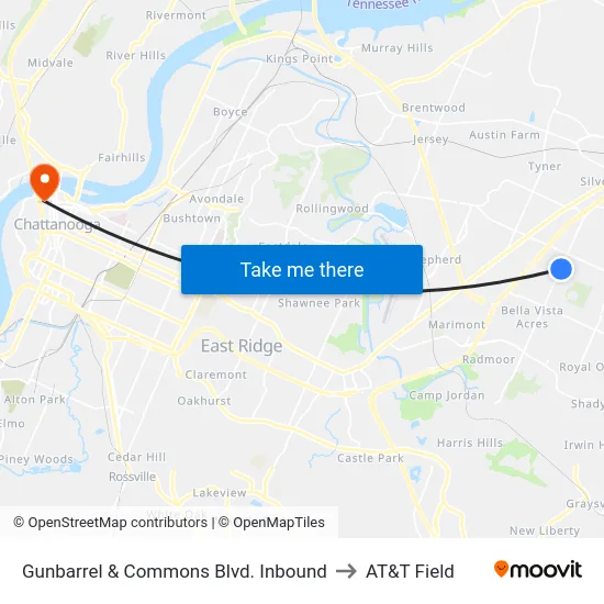 Gunbarrel & Commons Blvd. Inbound to AT&T Field map