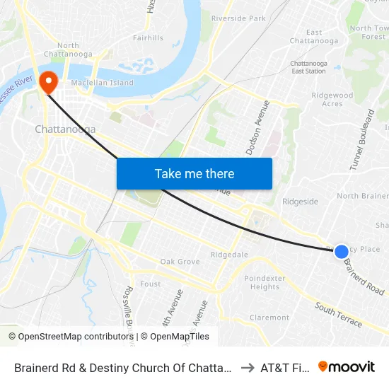 Brainerd Rd & Destiny Church Of Chattanooga to AT&T Field map