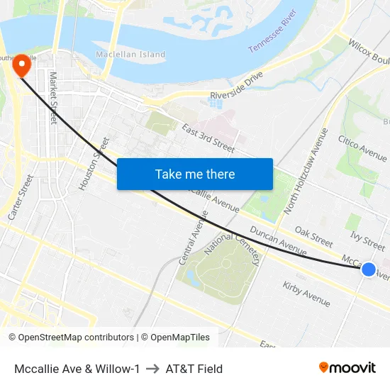 Mccallie Ave & Willow-1 to AT&T Field map