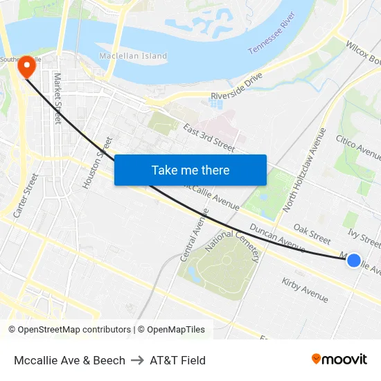 Mccallie Ave & Beech to AT&T Field map