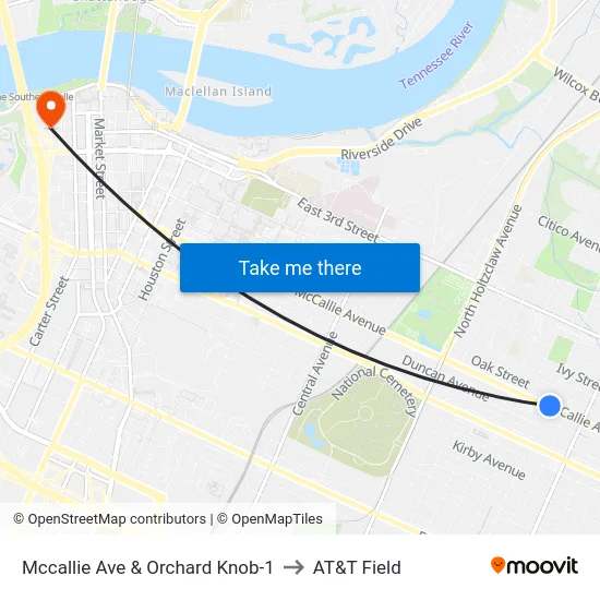 Mccallie Ave & Orchard Knob-1 to AT&T Field map