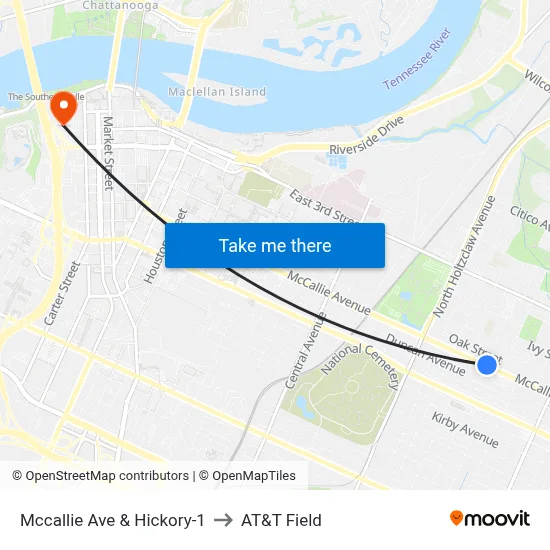 Mccallie Ave & Hickory-1 to AT&T Field map