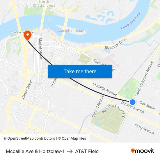 Mccallie Ave & Holtzclaw-1 to AT&T Field map