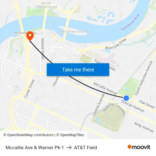 Mccallie Ave & Warner Pk-1 to AT&T Field map