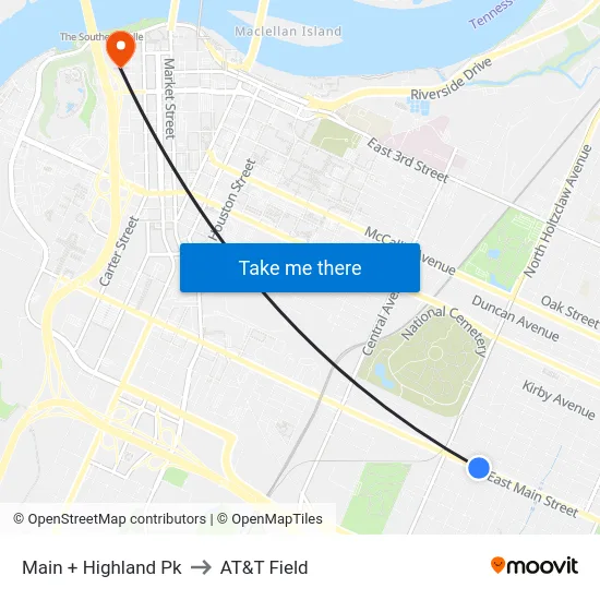 Main + Highland Pk to AT&T Field map