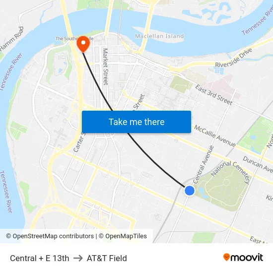 Central + E 13th to AT&T Field map