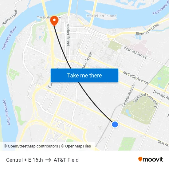 Central + E 16th to AT&T Field map