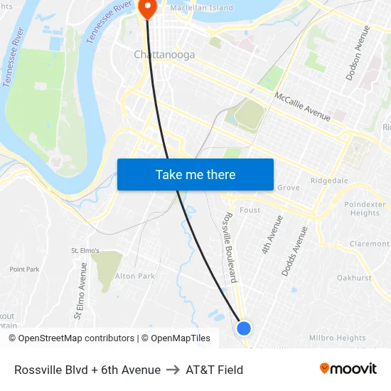 Rossville Blvd + 6th Avenue to AT&T Field map