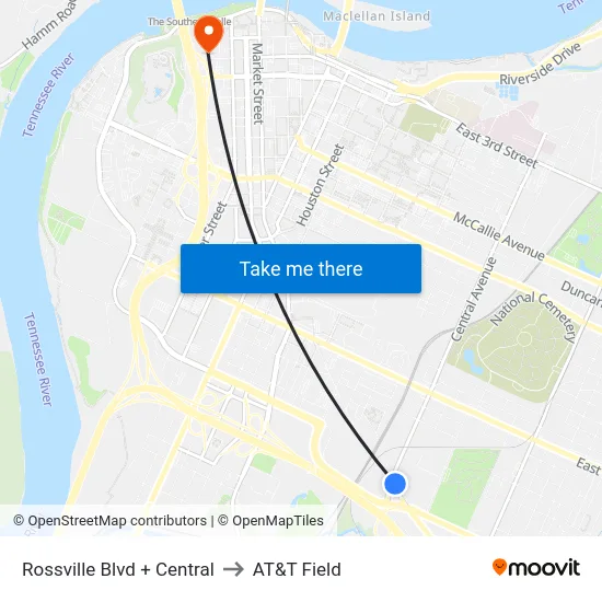Rossville Blvd + Central to AT&T Field map