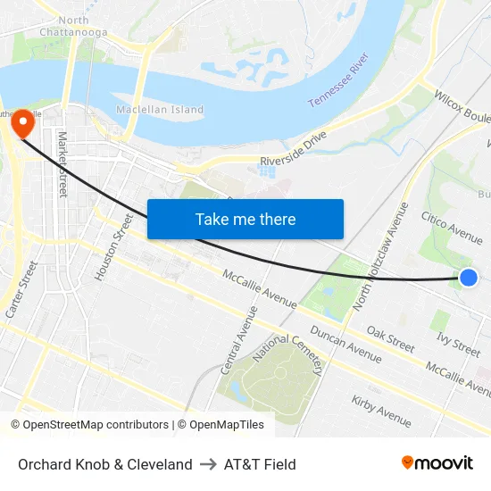 Orchard Knob & Cleveland to AT&T Field map