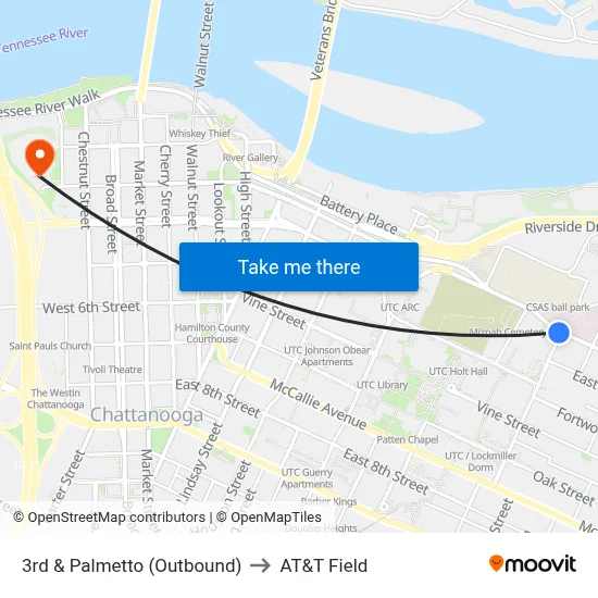 3rd & Palmetto (Outbound) to AT&T Field map