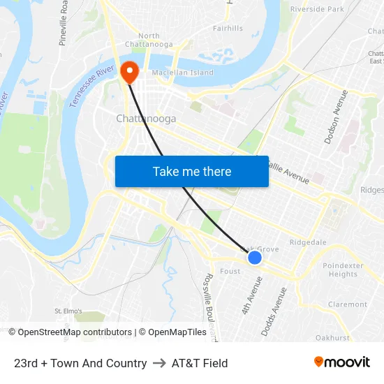 23rd + Town And Country to AT&T Field map