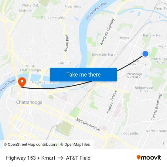 Highway 153 + Kmart to AT&T Field map
