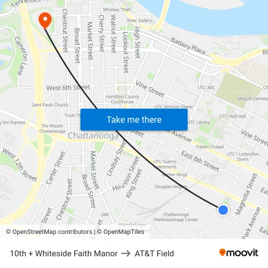 10th + Whiteside Faith Manor to AT&T Field map