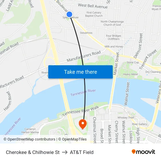Cherokee & Chilhowie St to AT&T Field map