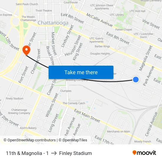 11th & Magnolia - 1 to Finley Stadium map