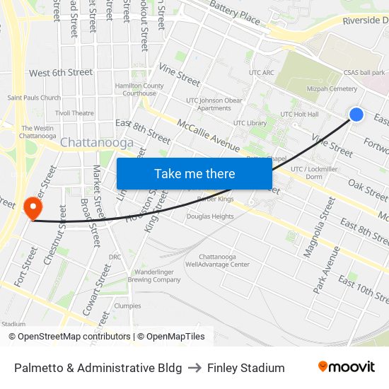 Palmetto & Administrative Bldg to Finley Stadium map