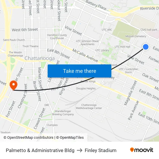 Palmetto & Administrative Bldg to Finley Stadium map
