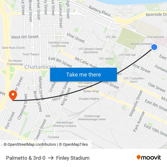 Palmetto & 3rd-0 to Finley Stadium map