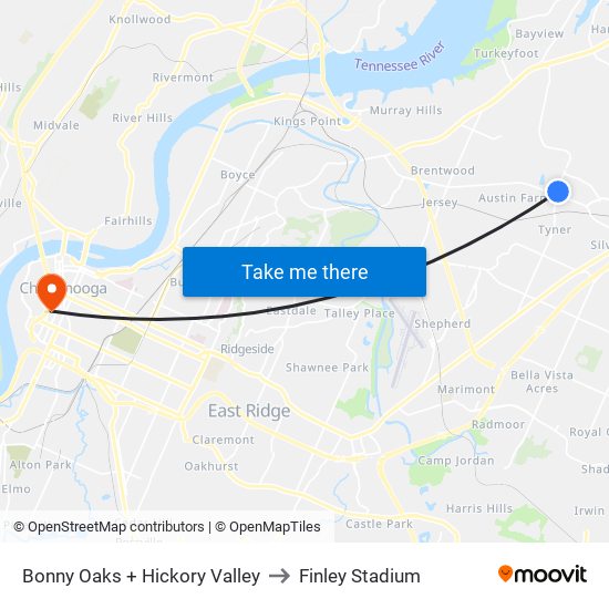 Bonny Oaks + Hickory Valley to Finley Stadium map