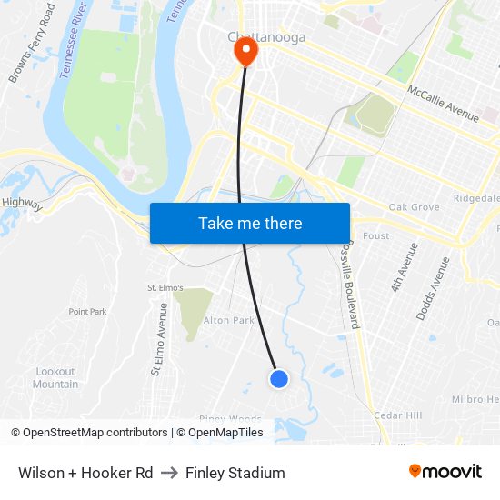 Wilson + Hooker Rd to Finley Stadium map