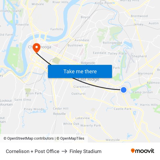 Cornelison + Post Office to Finley Stadium map