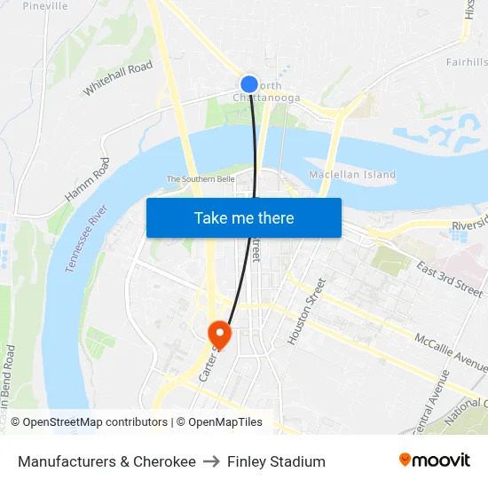 Manufacturers & Cherokee to Finley Stadium map