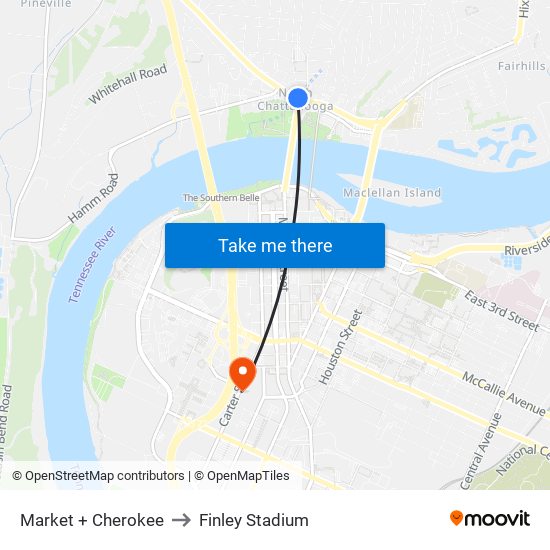 Market + Cherokee to Finley Stadium map