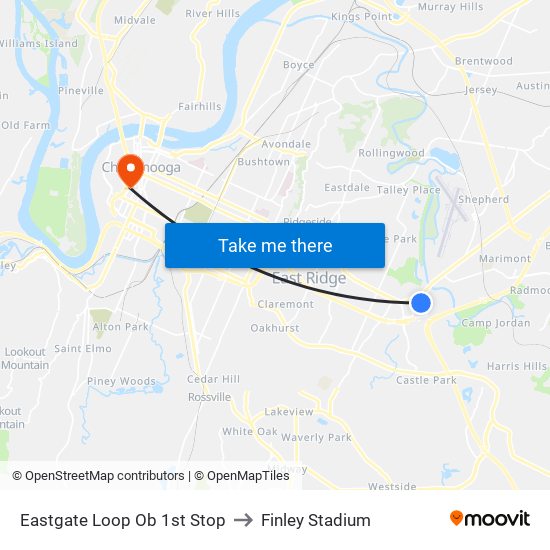 Eastgate Loop Ob 1st Stop to Finley Stadium map