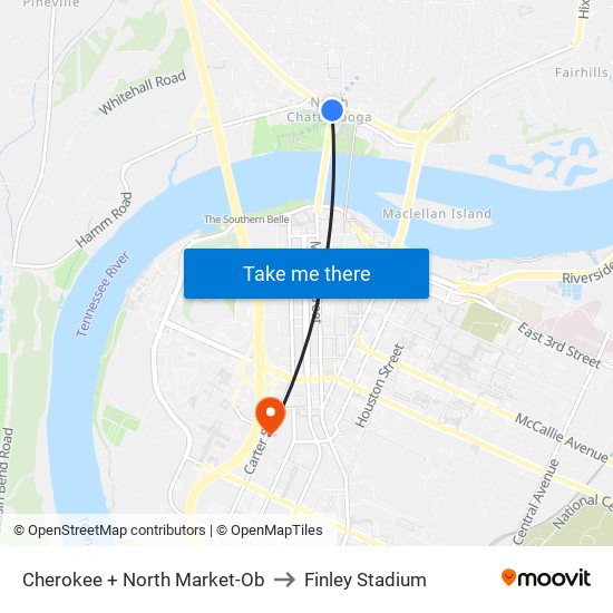 Cherokee + North Market-Ob to Finley Stadium map