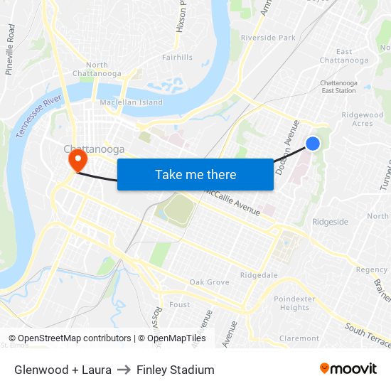 Glenwood + Laura to Finley Stadium map