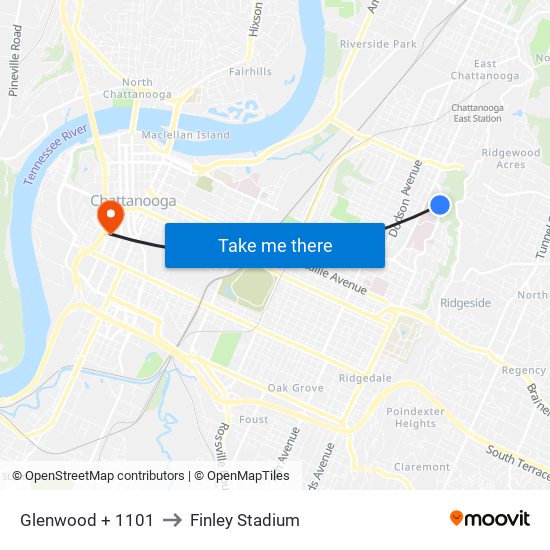 Glenwood + 1101 to Finley Stadium map