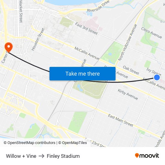 Willow + Vine to Finley Stadium map