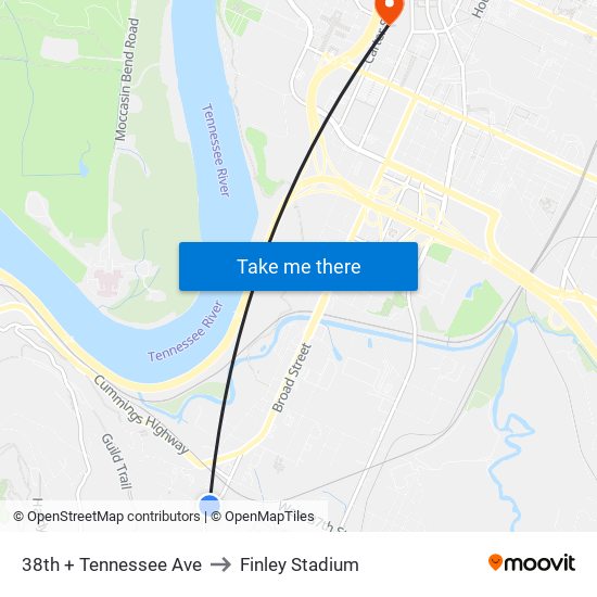 38th + Tennessee Ave to Finley Stadium map