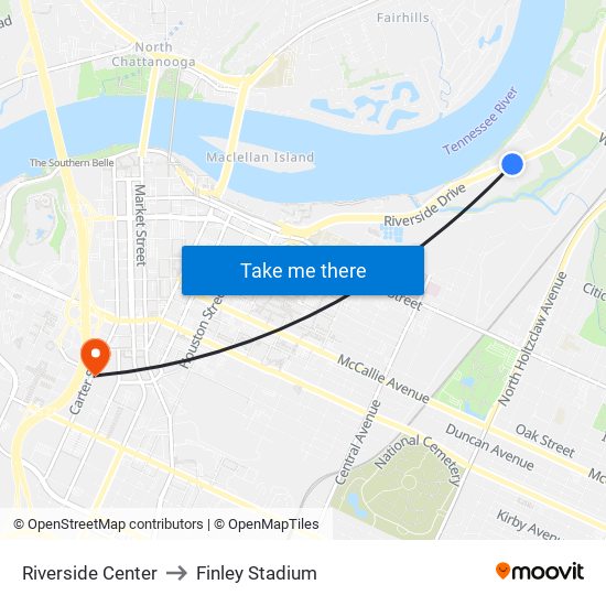 Riverside Center to Finley Stadium map