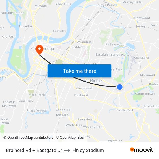 Brainerd Rd + Eastgate Dr to Finley Stadium map