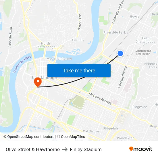 Olive Street & Hawthorne to Finley Stadium map