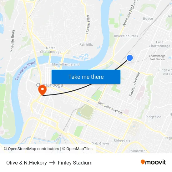 Olive & N.Hickory to Finley Stadium map