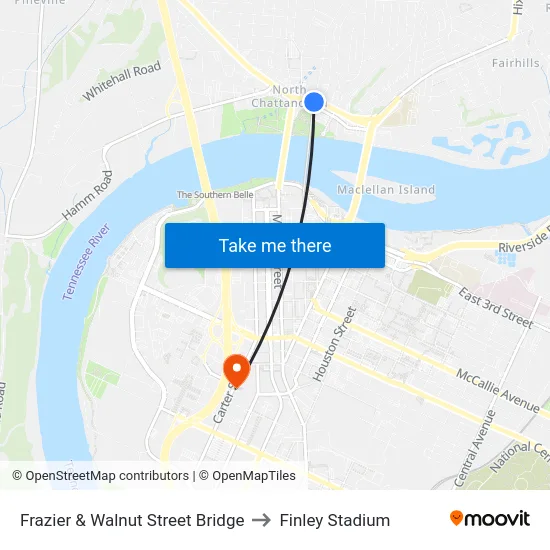 Frazier & Walnut Street Bridge to Finley Stadium map