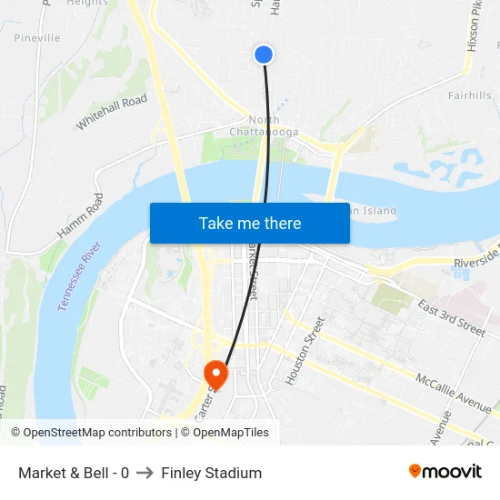 Market & Bell - 0 to Finley Stadium map