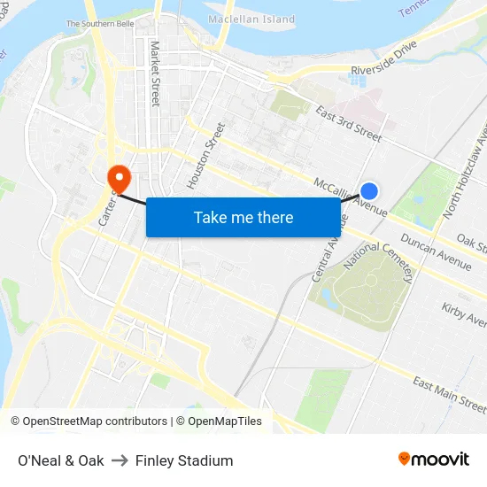 O'Neal & Oak to Finley Stadium map