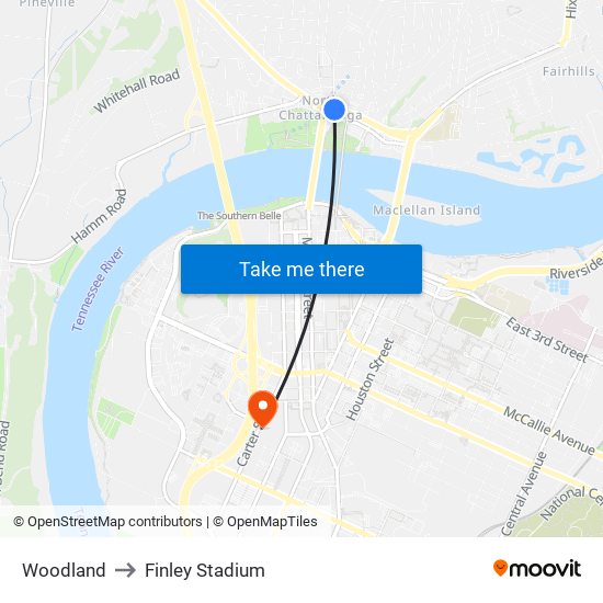 Woodland to Finley Stadium map