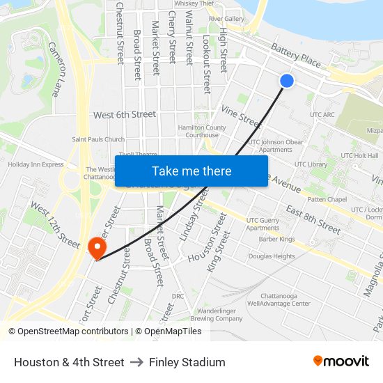 Houston & 4th Street to Finley Stadium map