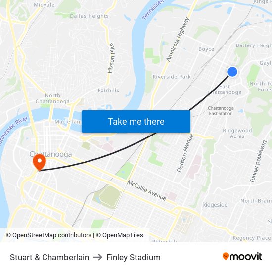 Stuart & Chamberlain to Finley Stadium map