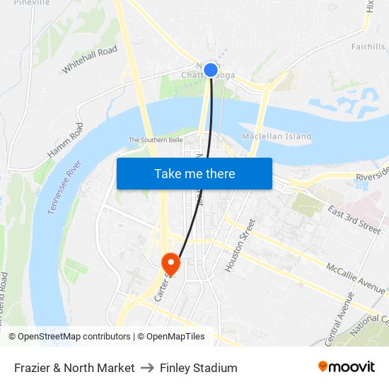 Frazier & North Market to Finley Stadium map