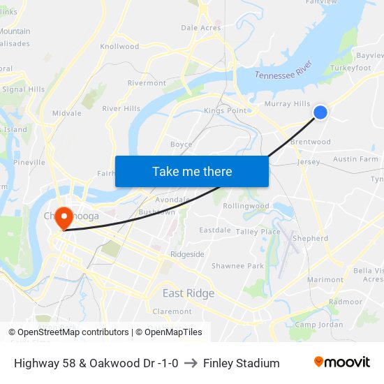 Highway 58 & Oakwood Dr -1-0 to Finley Stadium map